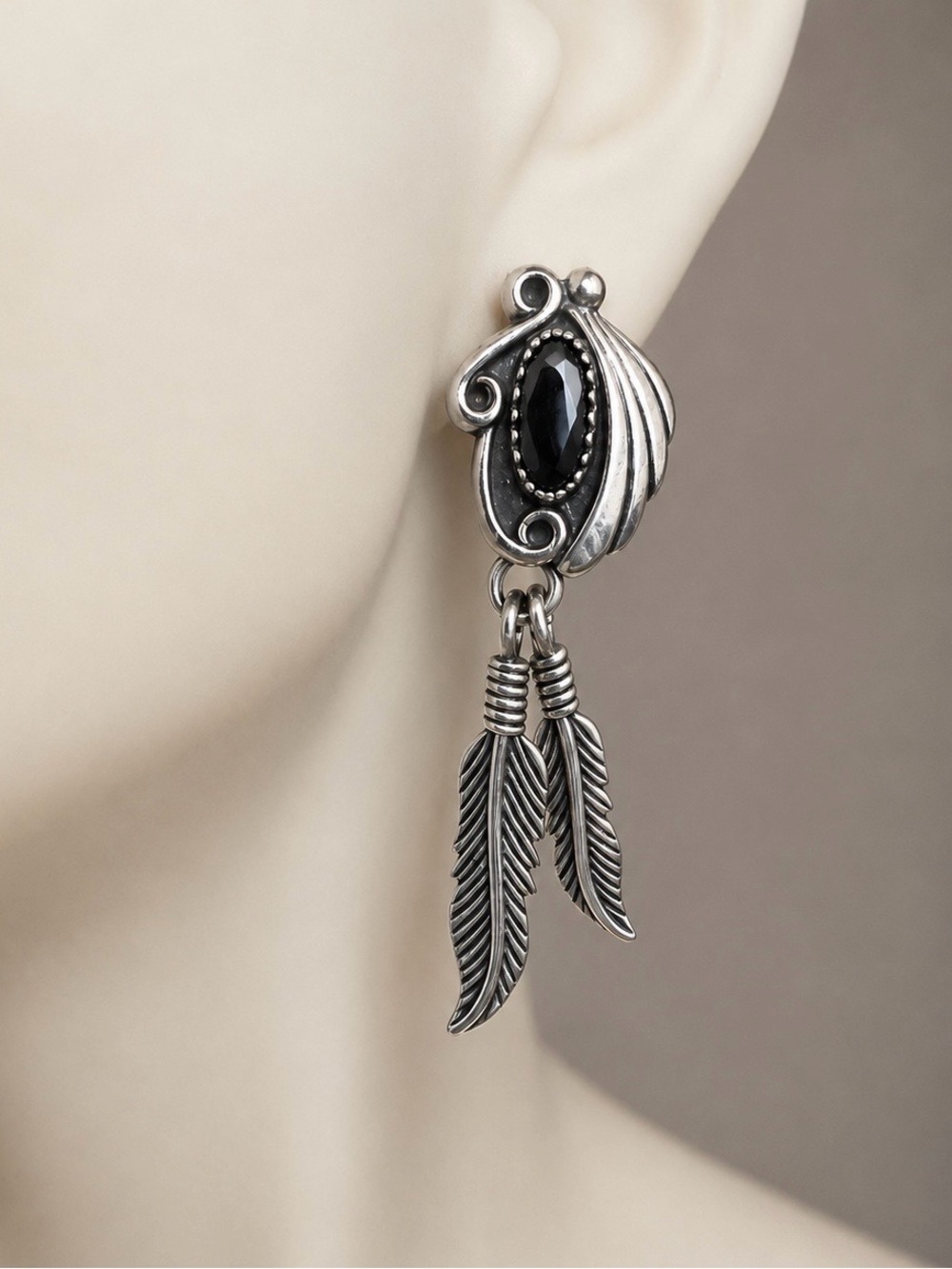 Native American Signed CH Sterling Silver Hematite Earrings Feather Design 925